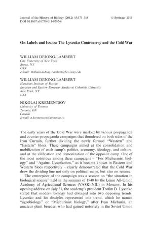 On Labels and Issues: the Lysenko Controversy and the Cold War