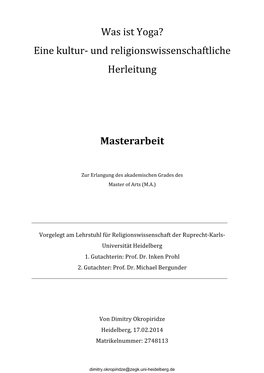 Was Ist Yoga? Eine Kultur-‐ Und Religionswissenschaftliche Herleitung Masterarbeit