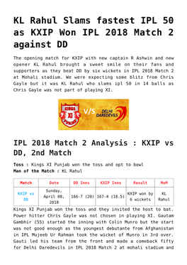 KL Rahul Slams Fastest IPL 50 As KXIP Won IPL 2018 Match 2 Against DD