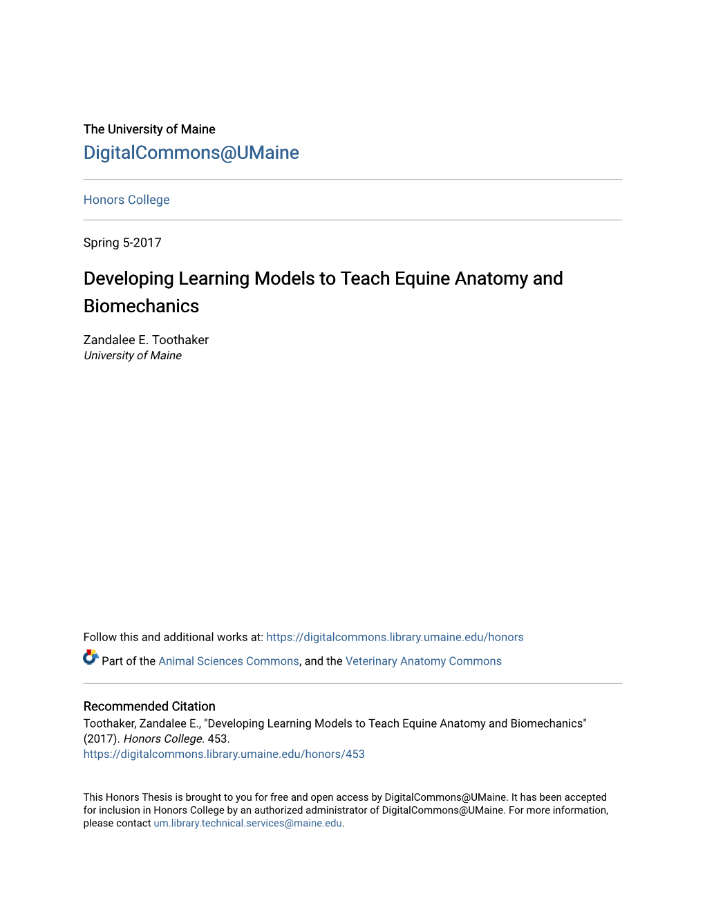 Developing Learning Models to Teach Equine Anatomy and Biomechanics