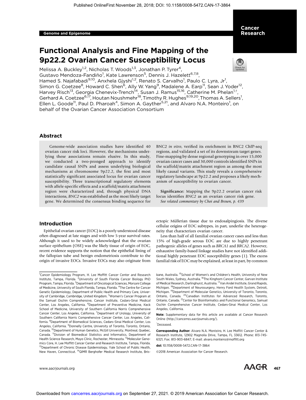Functional Analysis and Fine Mapping of the 9P22.2 Ovarian Cancer Susceptibility Locus Melissa A