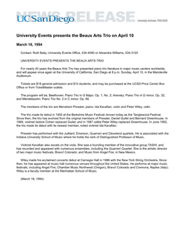 University Events Presents the Beaux Arts Trio on April 10