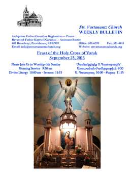 Sts. Vartanantz Church WEEKLY BULLETIN Feast of the Holy Cross