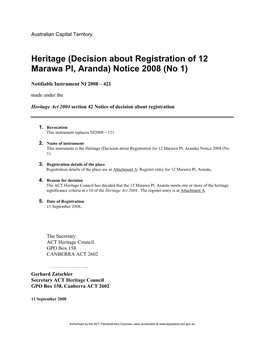 Decision About Registration of 12 Marawa Pl, Aranda) Notice 2008 (No 1