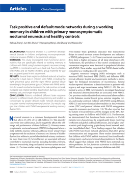 Task Positive and Default Mode Networks During a Working Memory in Children with Primary Monosymptomatic Nocturnal Enuresis and Healthy Controls