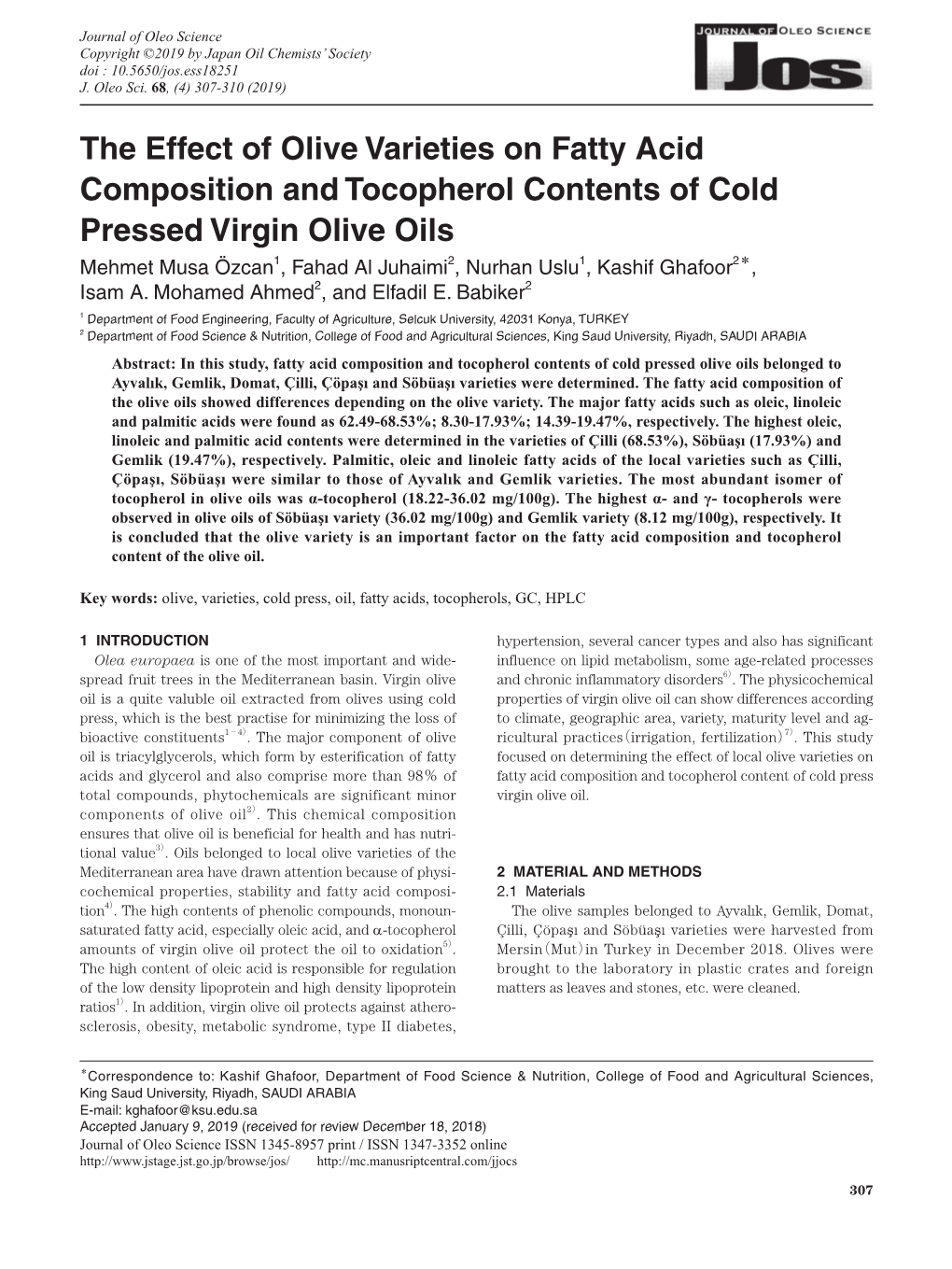 The Effect of Olive Varieties on Fatty Acid Composition and Tocopherol