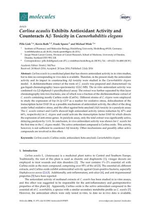 Carlina Acaulis Exhibits Antioxidant Activity and Counteracts Aβ Toxicity in Caenorhabditis Elegans