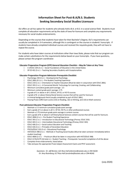 Information Sheet for Post-B.A/B.S. Students Seeking Secondary Social Studies Licensure