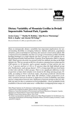 Dietary Variability of Mountain Gorillas in Bwindi Impenetrable National Park, Uganda