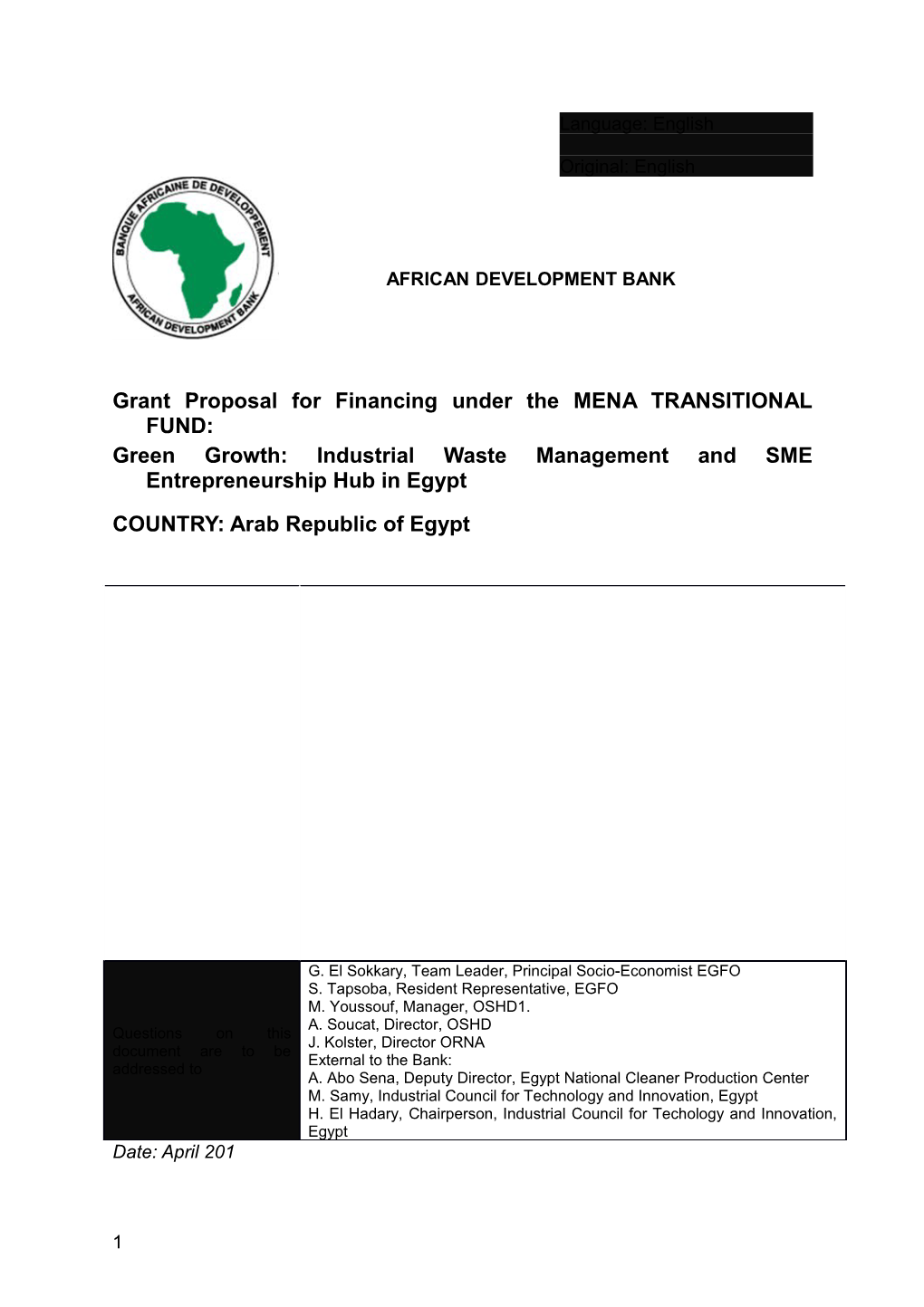 Grant Proposal for Financing Under the MENA TRANSITIONAL FUND