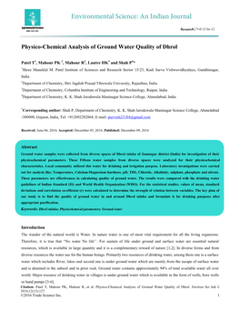 Physico-Chemical Analysis of Ground Water Quality of Dhrol