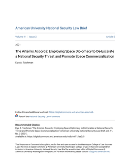 The Artemis Accords: Employing Space Diplomacy to De-Escalate a National Security Threat and Promote Space Commercialization