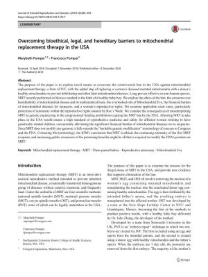 Overcoming Bioethical, Legal, and Hereditary Barriers to Mitochondrial Replacement Therapy in the USA