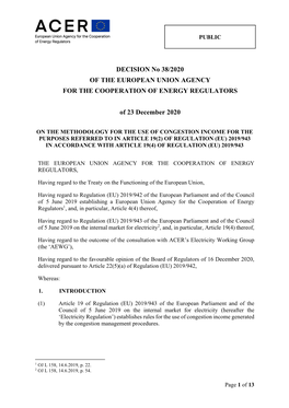 DECISION No 38/2020 of the EUROPEAN UNION AGENCY for the COOPERATION of ENERGY REGULATORS of 23 December 2020