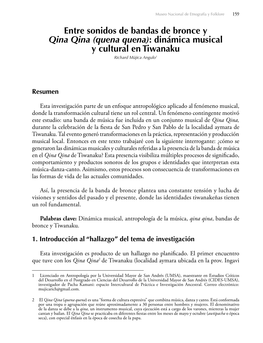 Entre Sonidos De Bandas De Bronce Y Qina Qina (Quena Quena): Dinámica Musical Y Cultural En Tiwanaku Richard Mújica Angulo1