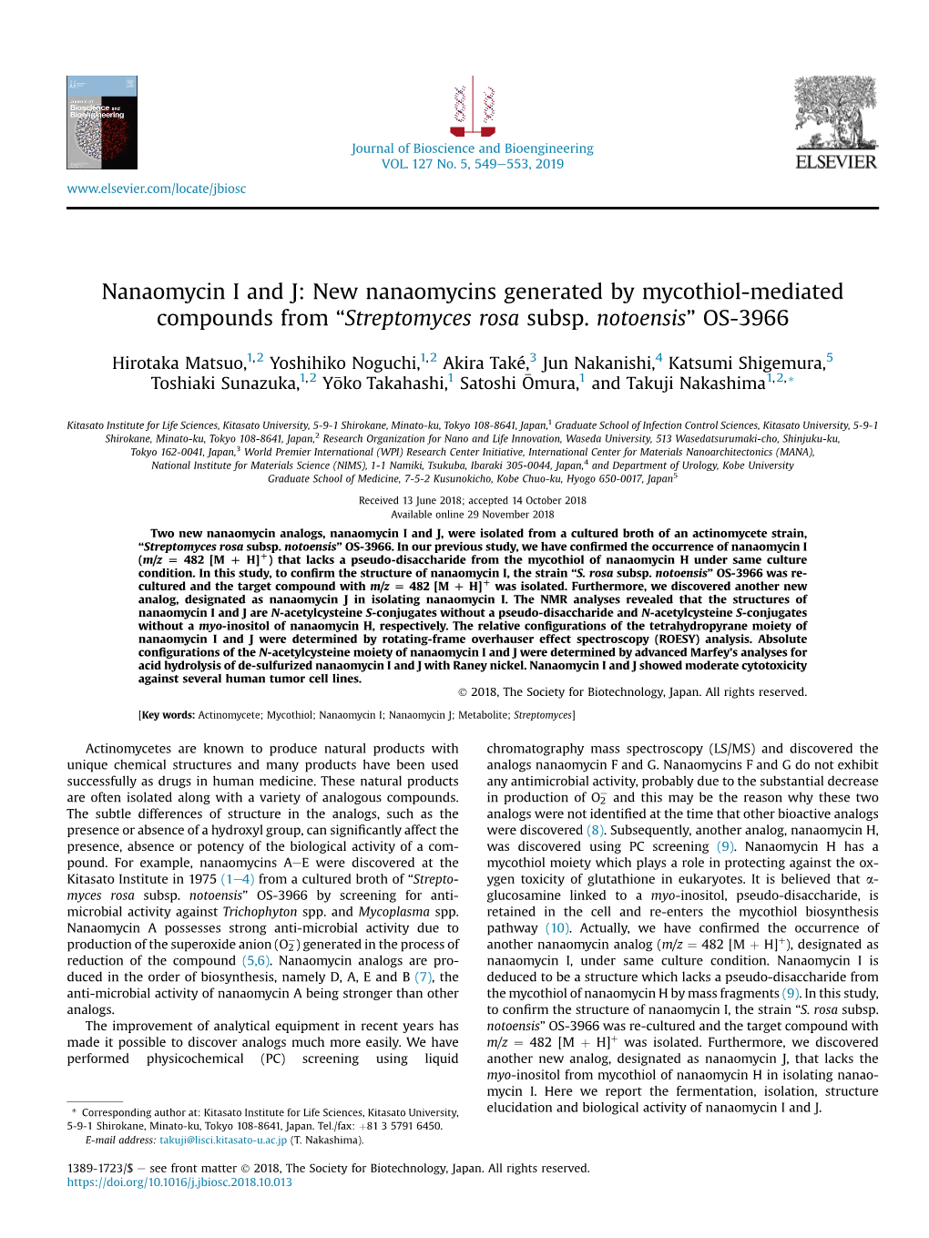 Nanaomycin I and J: New Nanaomycins Generated by Mycothiol-Mediated Compounds from “Streptomyces Rosa Subsp