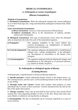 MEDICAL ENTOMOLOGY A. Arthropods As Vectors of Pathogens (Disease Transmitters)