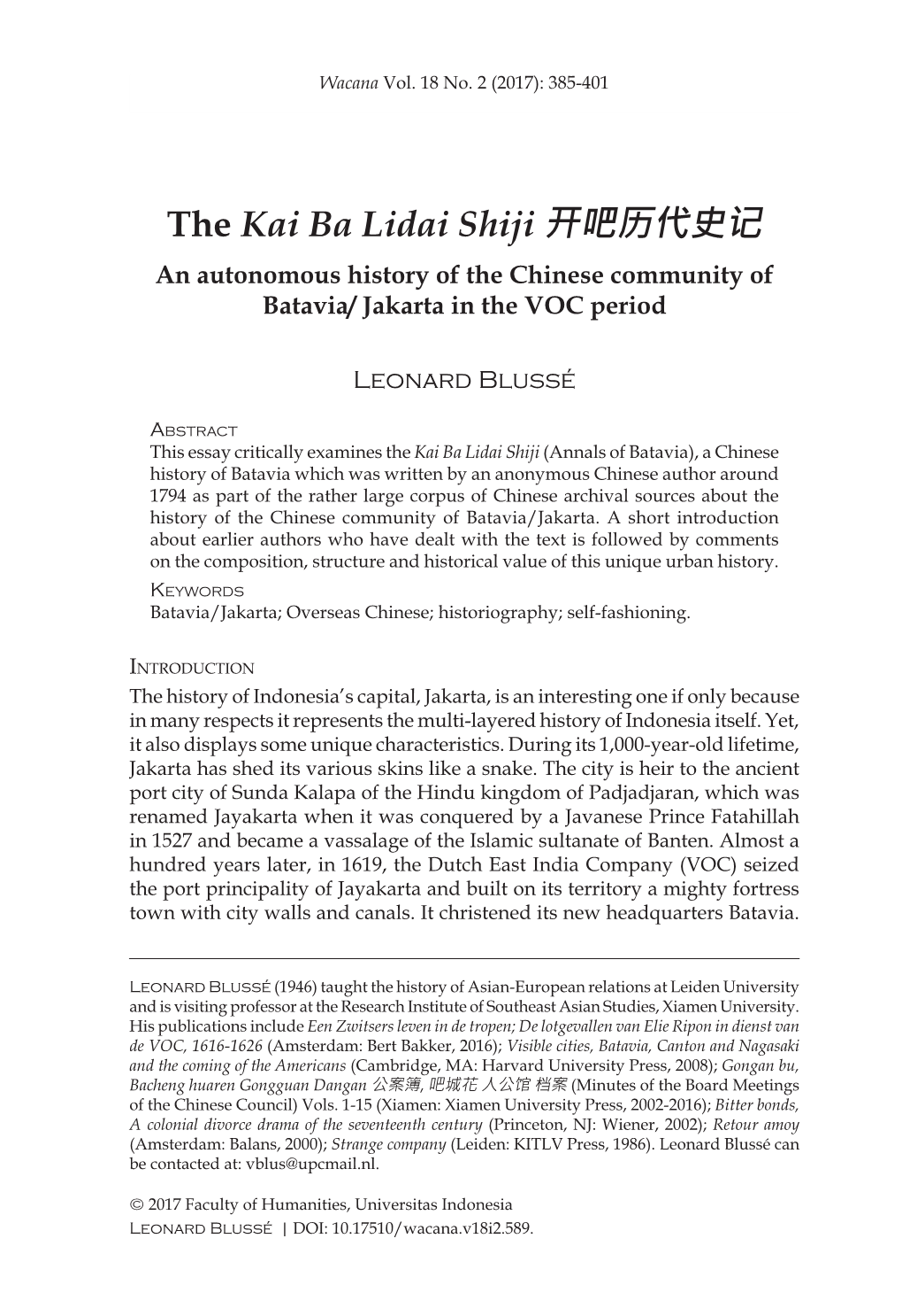 The Kai Ba Lidai Shiji 开吧历代史记 an Autonomous History of the Chinese Community of Batavia/ Jakarta in the VOC Period