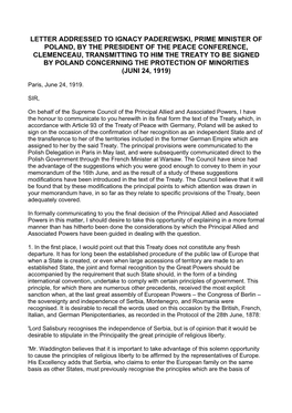Letter Addressed to Ignacy Paderewski, Prime Minister Of