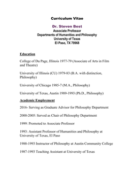 Curriculum Vitae Dr. Steven Best Associate Professor Departments Of