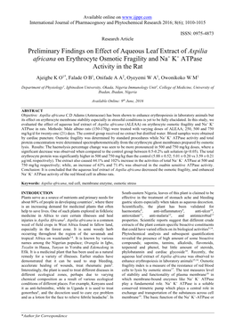 Aspilia Africana on Erythrocyte Osmotic Fragility and Na+ K+ Atpase Activity in the Rat