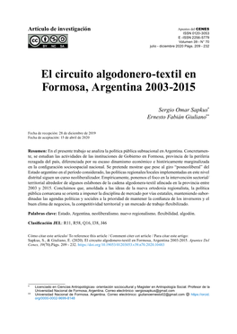 El Circuito Algodonero-Textil En Formosa, Argentina 2003-2015