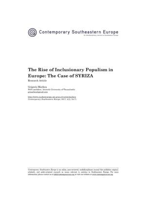 The Rise of Inclusionary Populism in Europe: the Case of SYRIZA Research Article
