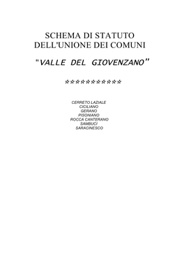 Schema Di Statuto Dell'unione Dei Comuni “Valle Del Giovenzano”