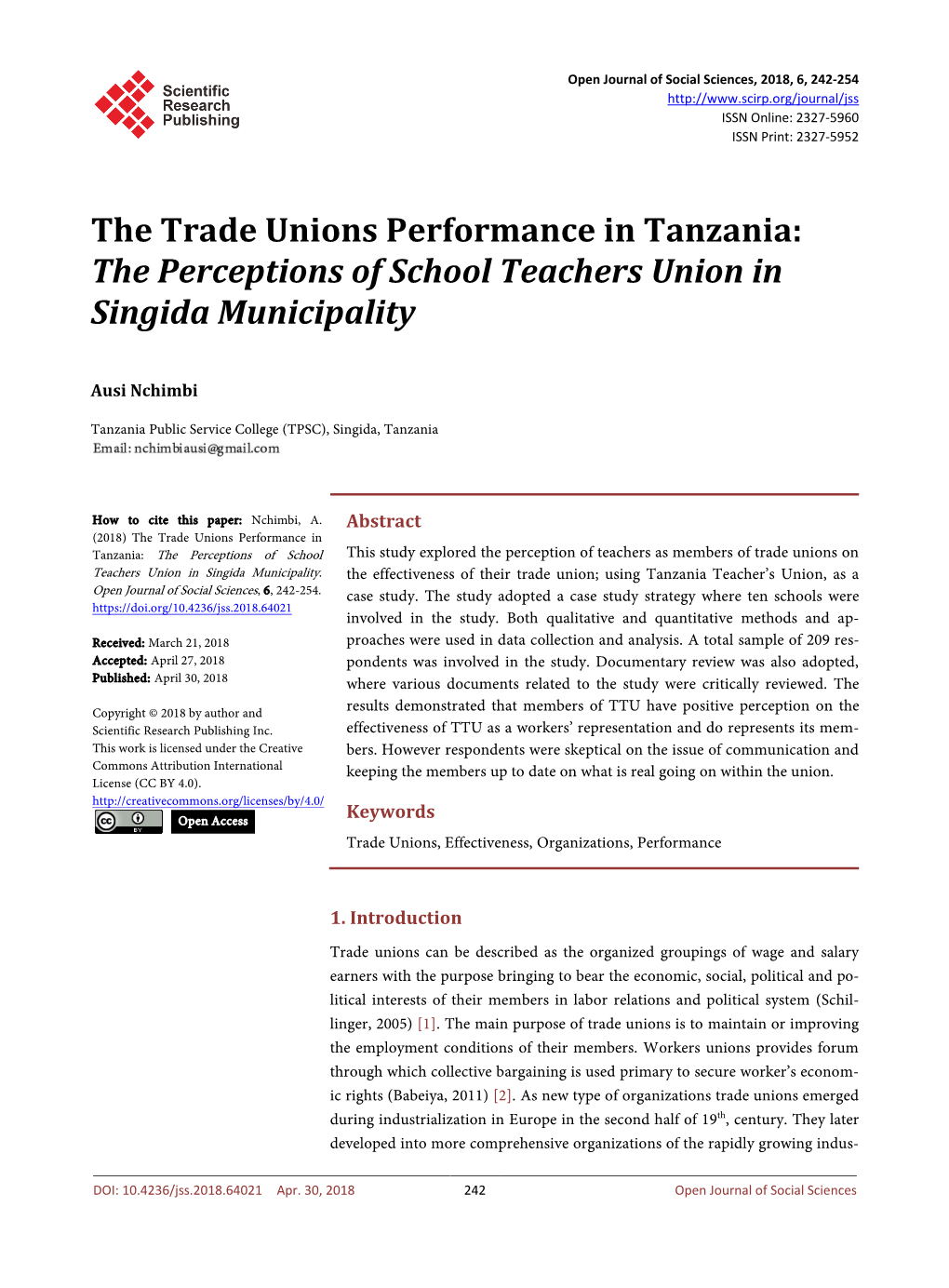 The Trade Unions Performance in Tanzania: the Perceptions of School Teachers Union in Singida Municipality