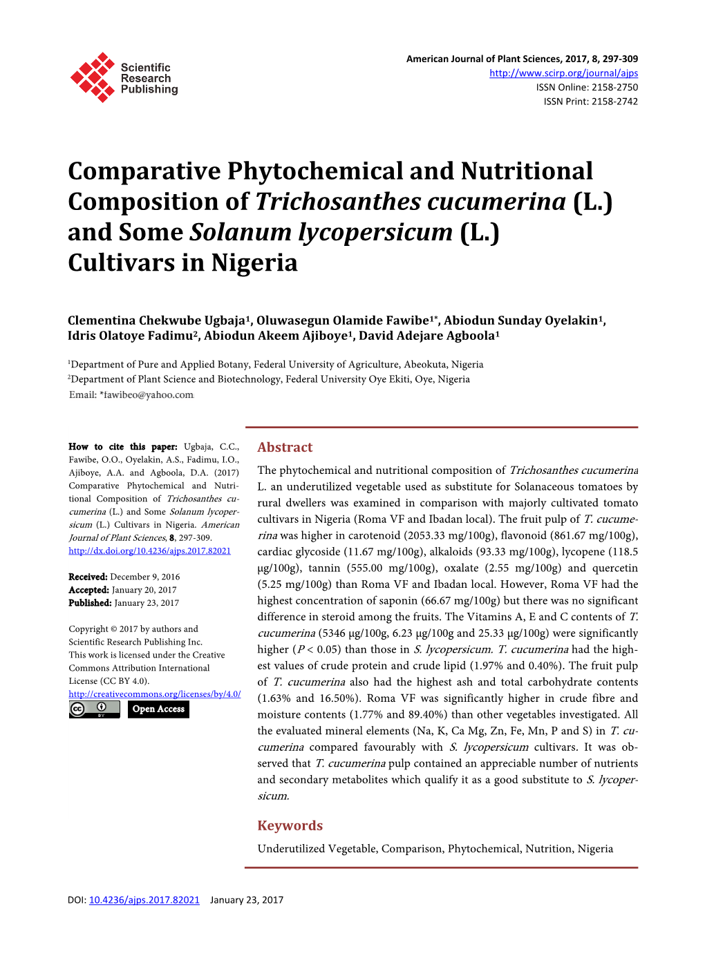 Comparative Phytochemical and Nutritional Composition of Trichosanthes Cucumerina (L.) and Some Solanum Lycopersicum (L.) Cultivars in Nigeria