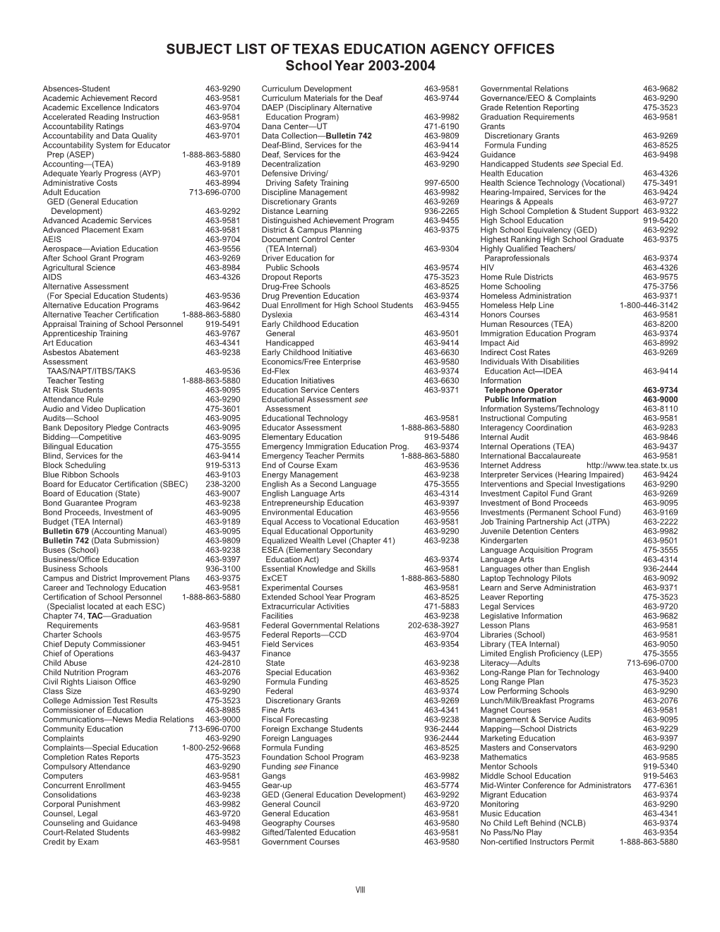 SUBJECT LIST of TEXAS EDUCATION AGENCY OFFICES School Year 2003-2004