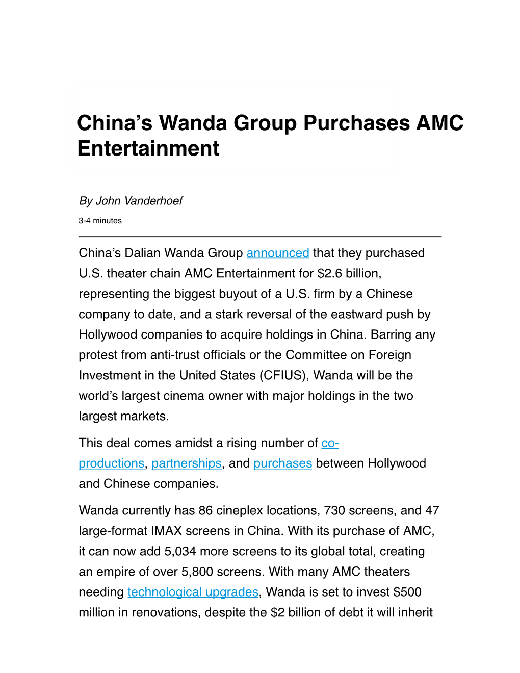 China's Wanda Group Purchases AMC