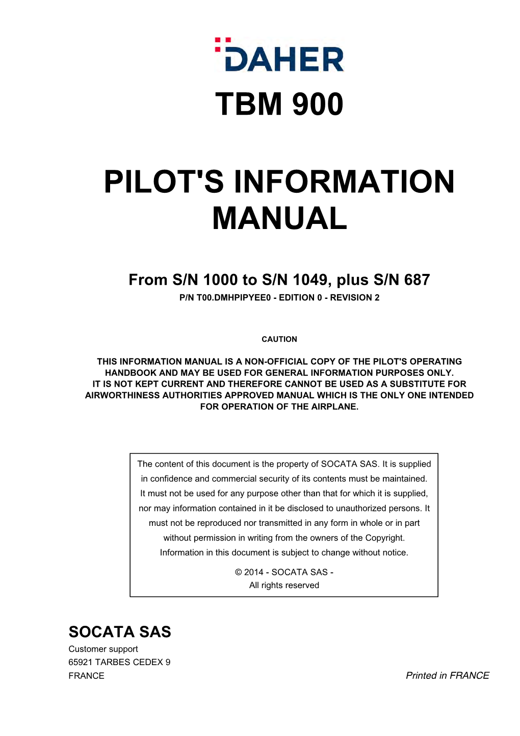 Tbm 900 Pilot's Information Manual