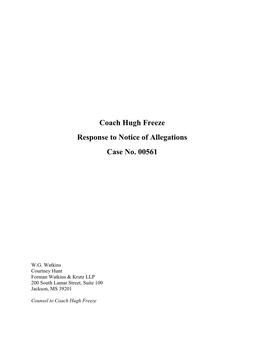 Coach Hugh Freeze Response to Notice of Allegations Case No. 00561