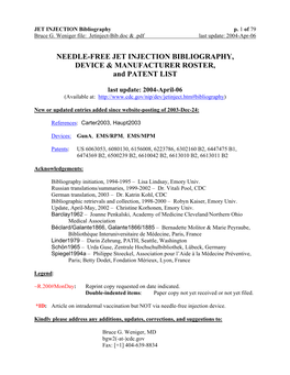 NEEDLE-FREE JET INJECTION BIBLIOGRAPHY, DEVICE & MANUFACTURER ROSTER, and PATENT LIST
