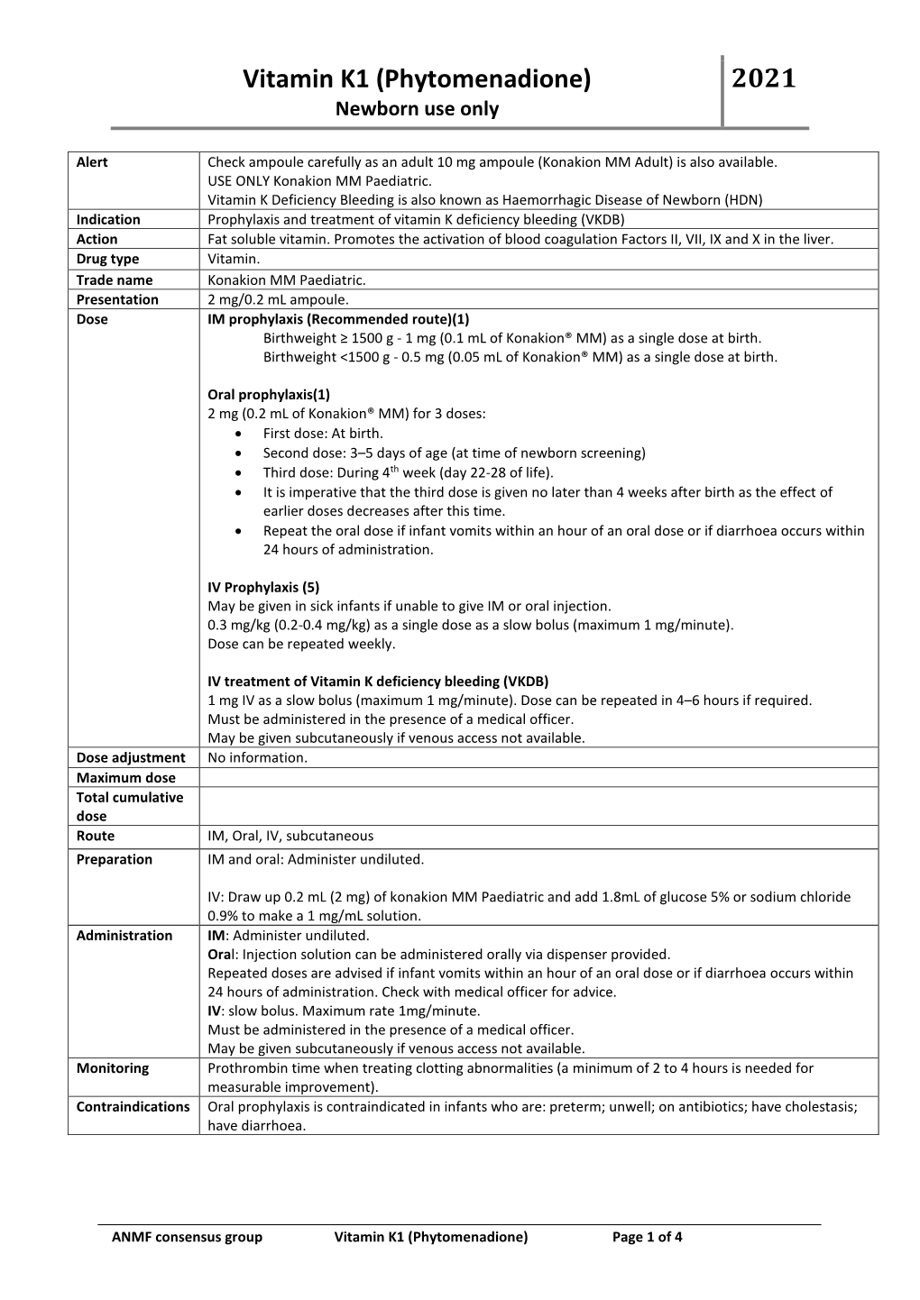Vitamin K1 (Phytomenadione) 2021 Newborn Use Only
