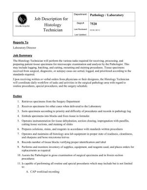 Job Description for Histology Technician