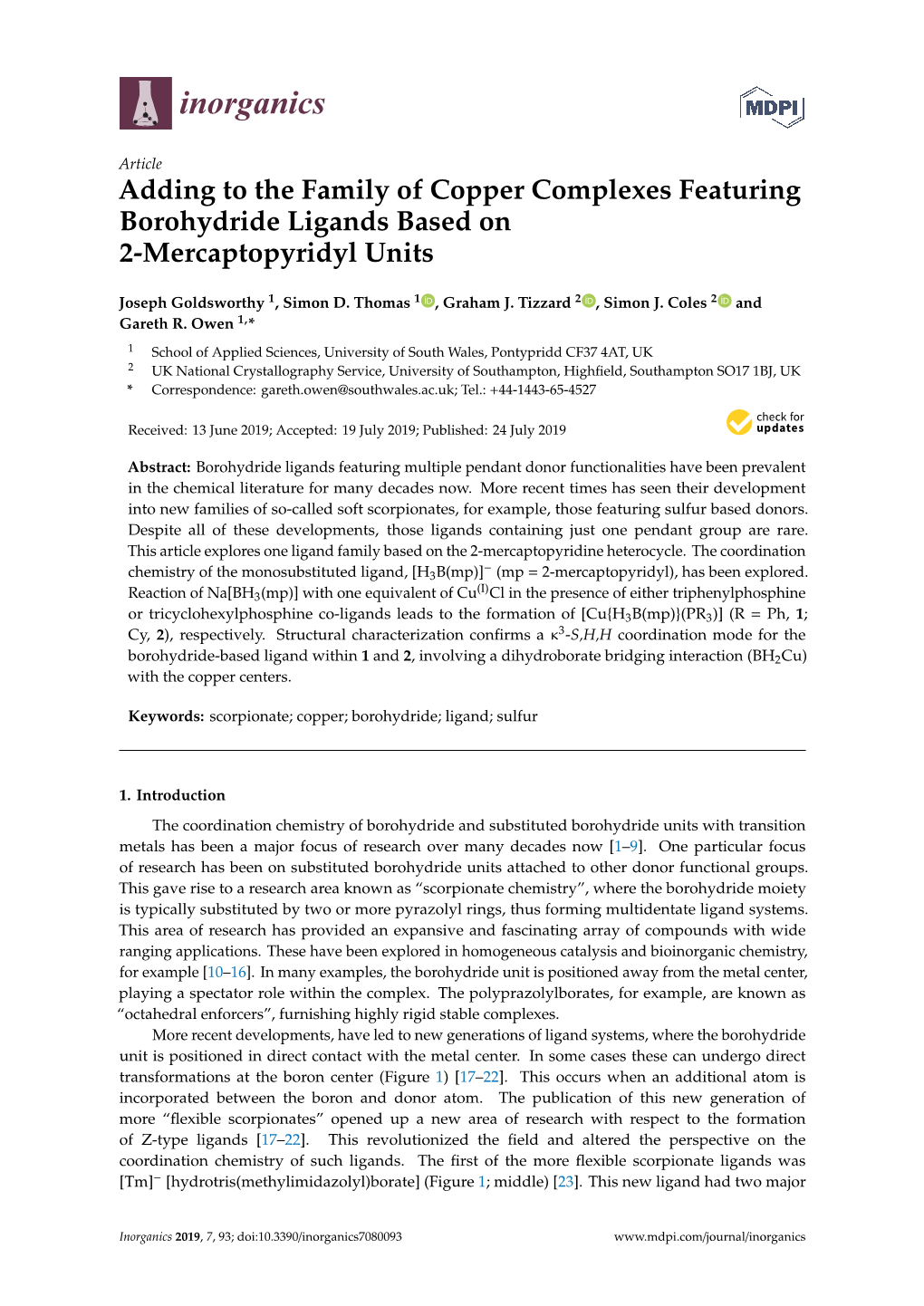 Adding to the Family of Copper Complexes Featuring Borohydride Ligands Based on 2-Mercaptopyridyl Units