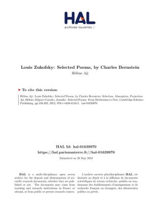 Louis Zukofsky: Selected Poems, by Charles Bernstein Hélène Aji