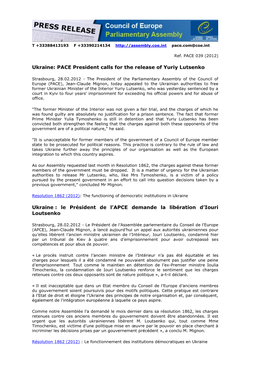 PACE President Calls for the Release of Yuriy Lutsenko Ukraine