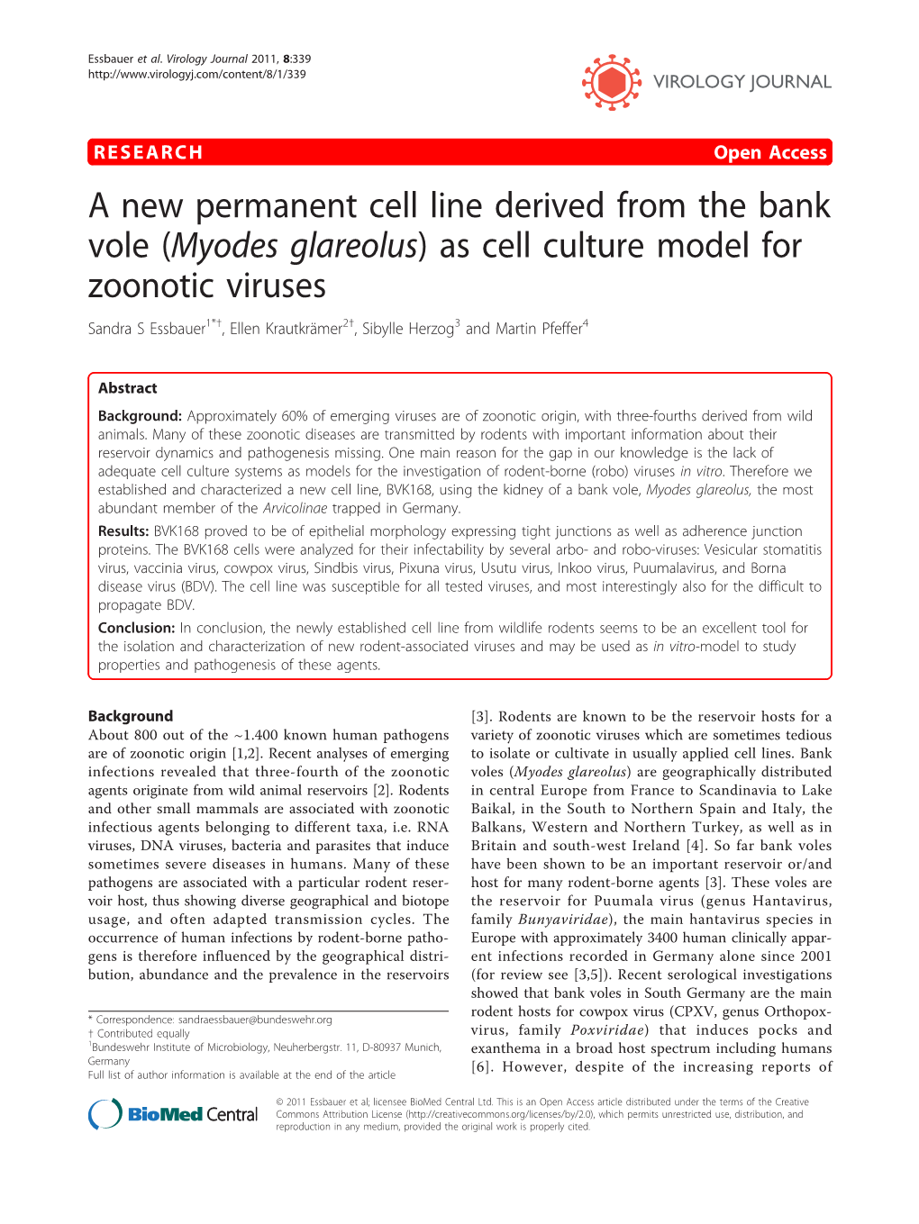 A New Permanent Cell Line Derived from the Bank Vole (Myodes Glareolus) As Cell Culture Model for Zoonotic Viruses