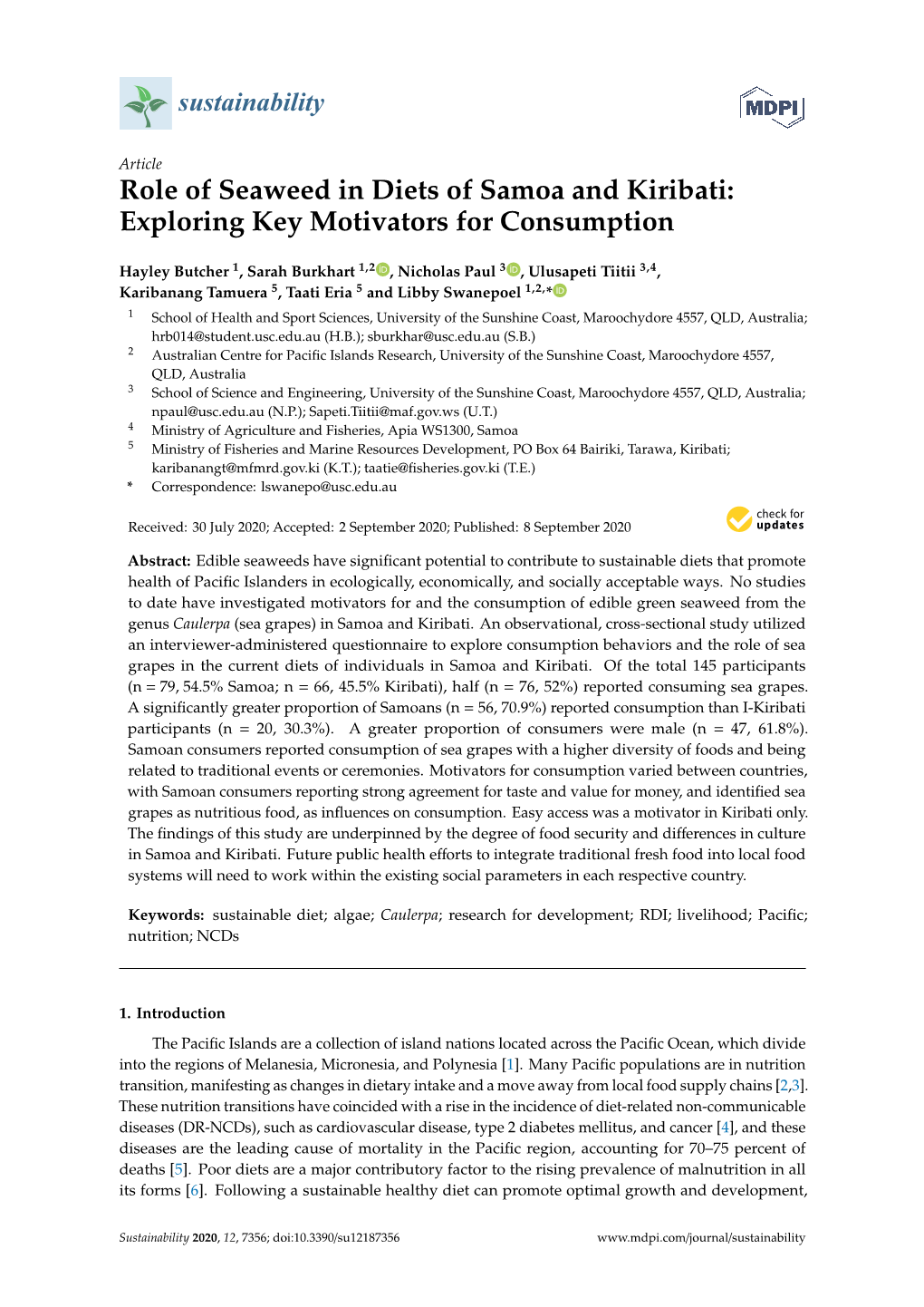 Role of Seaweed in Diets of Samoa and Kiribati: Exploring Key Motivators for Consumption