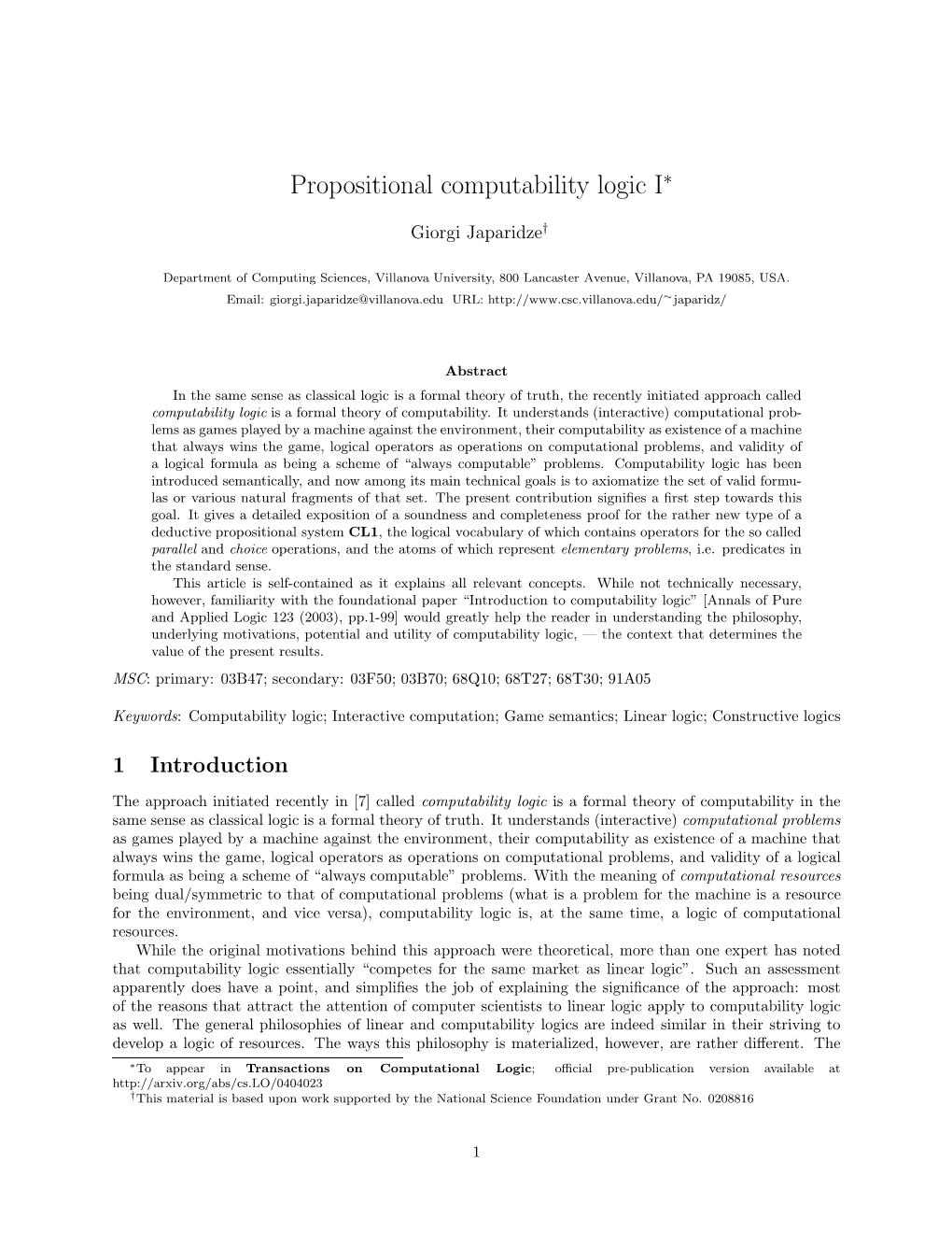 Propositional Computability Logic I∗