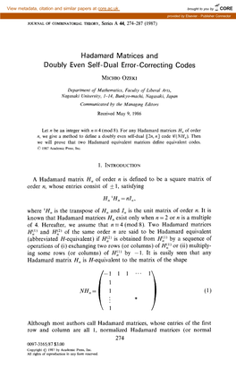 Hadamard Matrices and Doubly Even Self-Dual Error-Correcting Codes