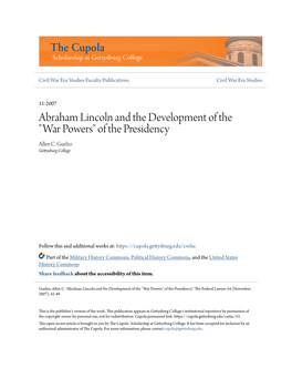 Abraham Lincoln and the Development of the "War Powers" of the Presidency Allen C