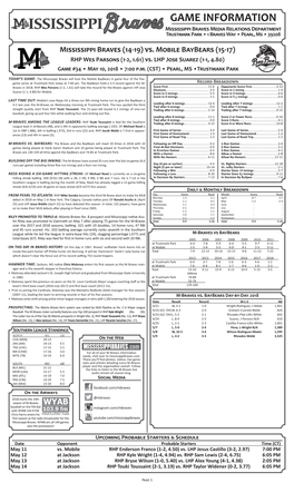 GAME INFORMATION Mississippi Braves Media Relations Department Trustmark Park • 1 Braves Way • Pearl, Ms • 39208