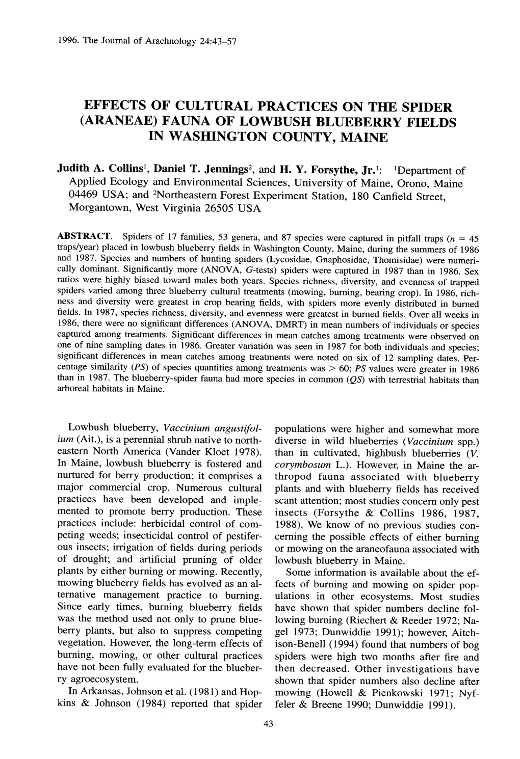 (Araneae) Fauna of Lowbush Blueberry Fields In