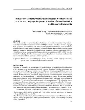 Inclusion of Students with Special Education Needs in French As a Second Language Programs: a Review of Canadian Policy and Resource Documents
