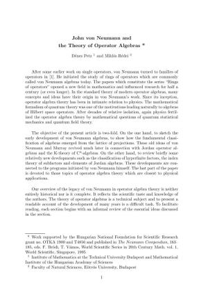 John Von Neumann and the Theory of Operator Algebras *