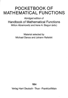 POCKETBOOKOF MATHEMATICAL FUNCTIONS Abridged Edition of Handbook of Mathematical Functions Milton Abramowitz and Irene A